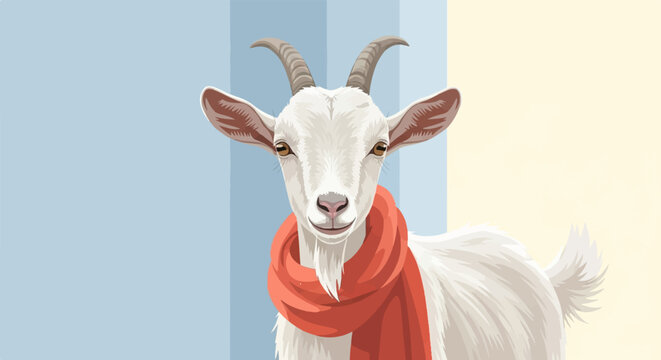 Friendly white goat with a red scarf smiles against a pastel striped background