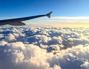 Obraz premium Aerial view of plane wing over fluffy clouds, blue sky