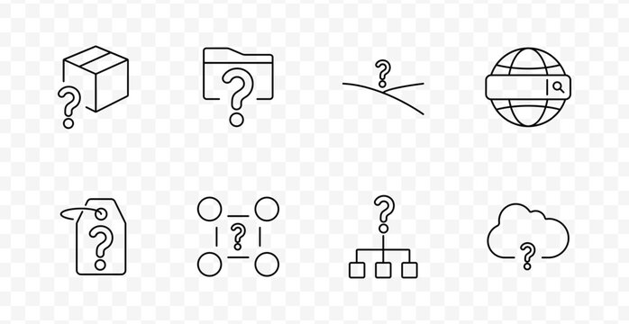 Unknown classification set icon. Question mark on box, folder, road, globe, tag, nodes, chart, cloud drawn in outlined style with transparent background