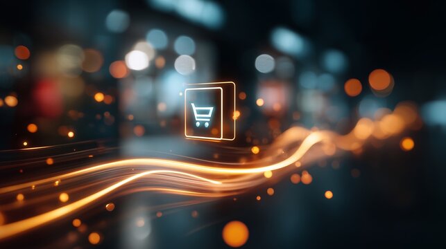 Abstract digital illustration of a shopping cart icon over glowing data stream, representing customer behavior analytics and real-time purchase insight.