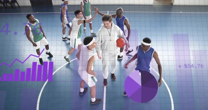 Coach signaling, tossing ball at midcourt, purple sports analytics showing charts starting play