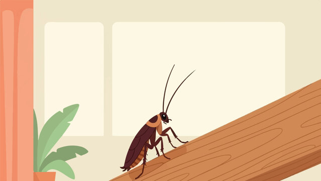 Illustration of a cockroach climbing a wooden plank indoors with plants
