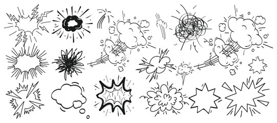 Fototapeta premium Hand drawn comic explosion and starburst elements featuring impact clouds, action bursts and sketch emphasis shapes for pop art, presentations and creative design use.