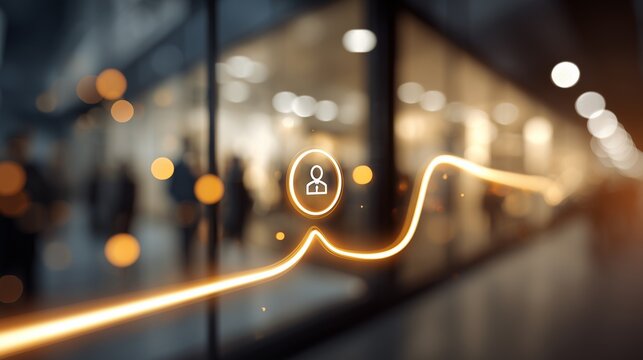 Blurred retail interior with illuminated customer-lifecycle icon and light path representing journey, engagement, retention and conversion.