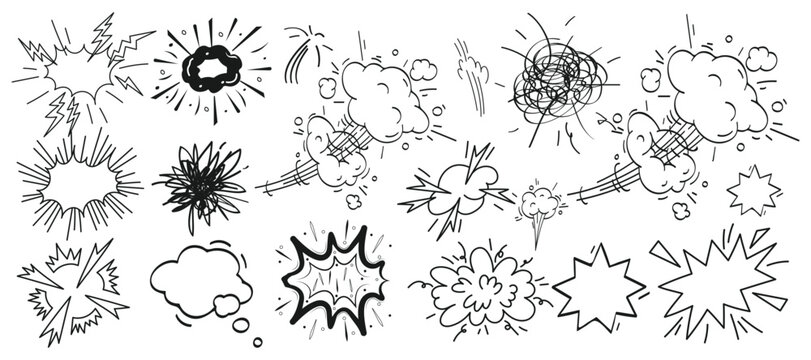 Hand drawn comic explosion and starburst elements featuring impact clouds, action bursts and sketch emphasis shapes for pop art, presentations and creative design use.