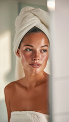 Beautiful young woman with freckles wearing white towel on her head in bathroom