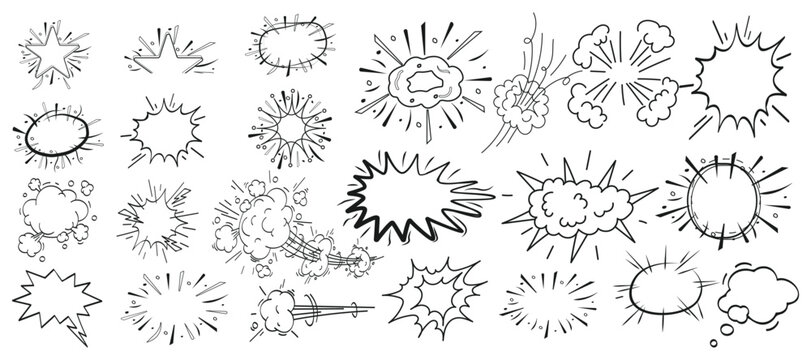 Hand drawn comic explosion and starburst elements featuring impact clouds, action bursts and sketch emphasis shapes for pop art, presentations and creative design use.