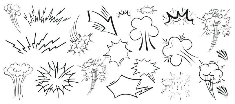Hand drawn comic explosion and starburst elements featuring impact clouds, action bursts and sketch emphasis shapes for pop art, presentations and creative design use.