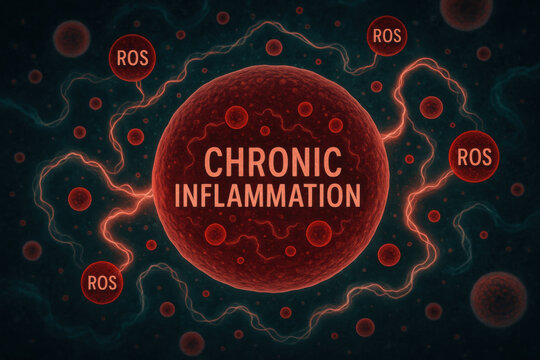 Dangerous chronic inflammation concept with persistent circulation of damaging molecules within dark cytoplasm. scientific macro illustration showing crimson pathology