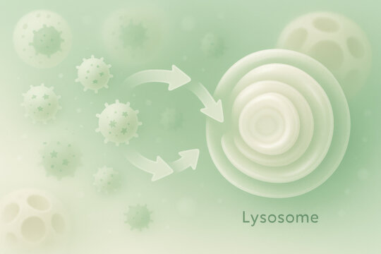 Science illustration of lysosome cell on detox pathway clearing cellular debris. This biology process promotes renewal and wellness on soft green and white background
