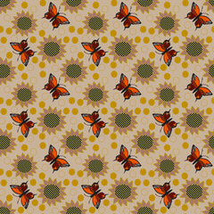 Seamless vector pattern of orange monarch butterflies and stylized checkered sunflowers