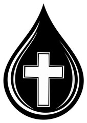 Fototapeta premium Symbolic Black and White Rendering of a Christian Cross Inside a Stylized Teardrop, Religion and Faith Representation