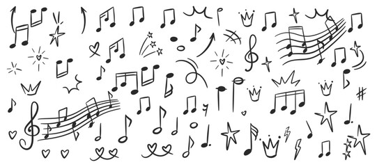 Obraz premium Hand drawn music doodle elements featuring musical notes, staff lines and creative sketch symbols for education, kids content, presentations and decorative design use.