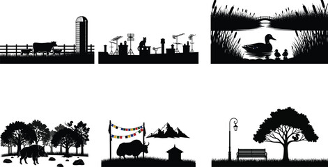 Fototapeta premium Rural landscapes and farm scenes in black and white