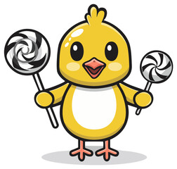 Obraz premium Cute Cartoon Chick with Lollipops Sweet Treat Illustration