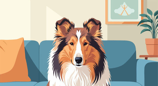 A fluffy, tri-color dog with expressive eyes sits on a blue couch indoors