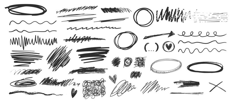 Hand drawn scribble highlight elements including sketch lines, circles, arrows and abstract strokes for annotation, brainstorming, education and interface design use.