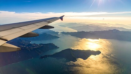 Fototapeta premium Aerial view of wing with landscape of sea, islands, mountains, and sun