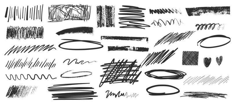 Hand drawn scribble highlight elements including sketch lines, circles, arrows and abstract strokes for annotation, brainstorming, education and interface design use.
