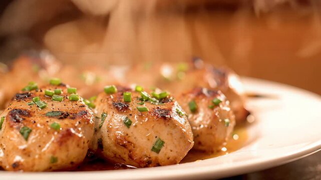 Close-up of freshly grilled scallops or chicken meatballs on skewers, garnished with chives and a glossy sauce, with steam rising.