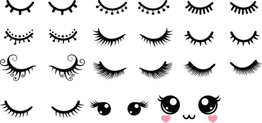 Cute eyelash vector collection, kawaii eyes and lashes set for makeup design, beauty icons, cartoon facial expressions, decorative elements illustration pack © Ideasy Mind