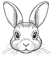 Close up line art illustration of a rabbit's face with large ears and whiskers