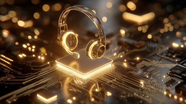 Golden headphone icon on a circuit board representing automatic customer support using ai digitization modernization, symbolizing intelligent virtual agent and infrastructure.