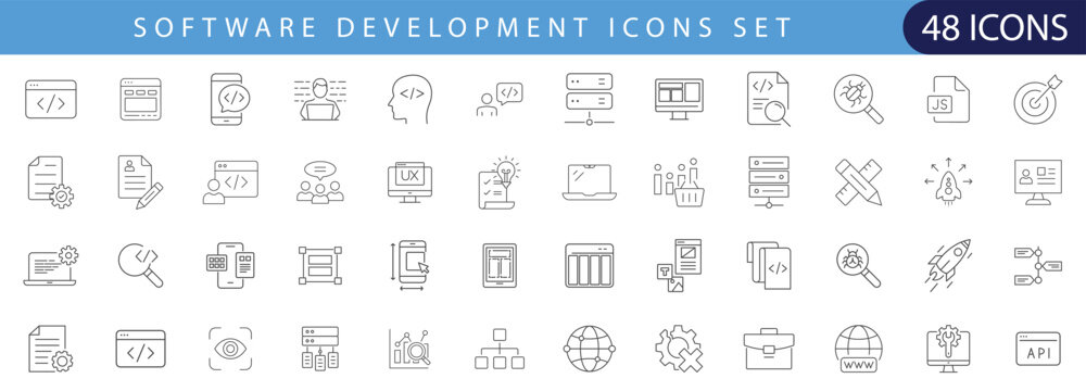 Editable line icon set for software development, coding, programming, web and app technology. Perfect for UI, UX, websites, dashboards, presentations and mobile apps.