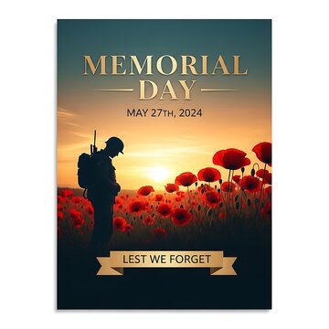 Memorial Day silhouette soldier with backpack in poppy field at sunset, remembrance banner, golden hour lighting, patriotic tribute, 2024 calendar design