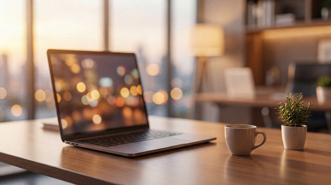 Modern office interior with laptop, coffee cup, and plant bathed in warm sunset light, creating a serene and productive atmosphere.