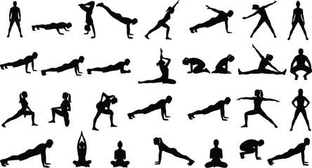 Yoga and fitness silhouette vector collection, men and women exercising poses, stretching strength balance workout routines, healthy lifestyle illustration isolated