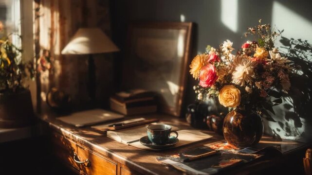 cozy afternoon light across working desk, warm tones and calm elegant setup 