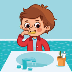 Cute Cartoon Boy Brushing Teeth &ndash; Kids Daily Hygiene Routine Illustration.Cute cartoon boy brushing his teeth in the bathroom. Smiling child practicing dental hygiene at the sink. 