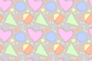  vector pattern of hand-stitched pastel hearts, triangles