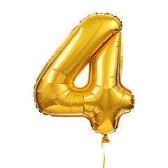 Number 4 Yellow Foil Balloon Isolated on Transparent Background PNG