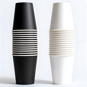 Minimalist Studio Photography of Black and White Disposable Paper Cups Stacked on Clean White Background for Packaging and Branding Use