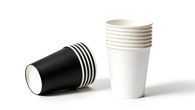 Minimalist Studio Photography of Black and White Disposable Paper Cups Stacked on Clean White Background for Packaging and Branding Use