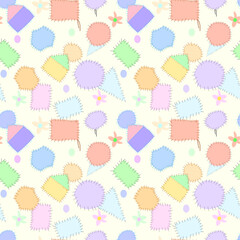  pattern of hand-stitched colorful fabric patches in soft pastel tones