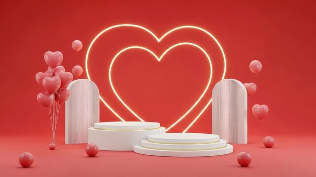 Valentines day scene with white podiums and heart shaped balloons on red background