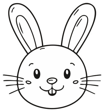 Cute stylized bunny rabbit face black and white line drawing illustration with big ears and buck teeth