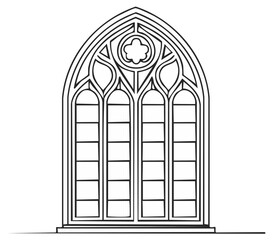 Obraz premium Gothic architectural window design, stained glass style vector illustration, black and white