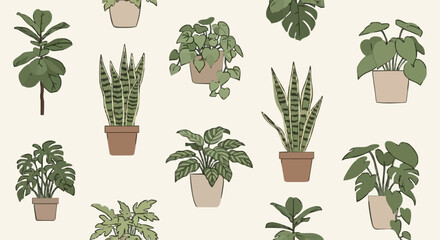 Collection of potted houseplants in a repeating pattern.