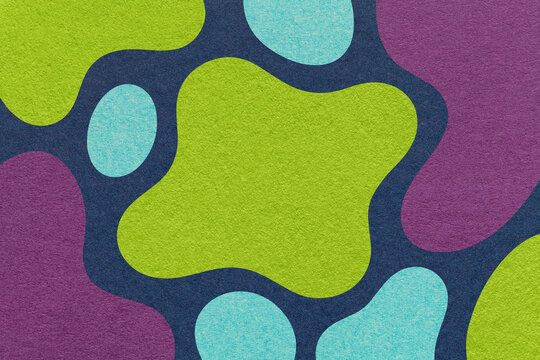 Abstract green blue purple paper texture background with amorphous fluid blob shapes and spots in flat organic design