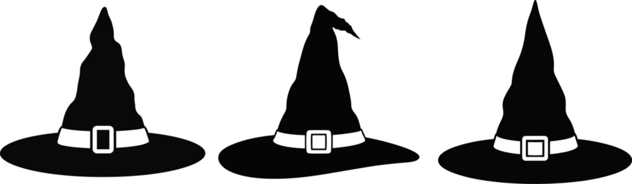 Three classic black witch hats with white buckles spooky Halloween designs and magical themes