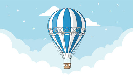 Obraz premium Blue and white striped hot air balloon floating gracefully among fluffy white clouds in a clear blue sunny sky.