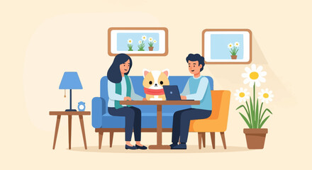 A cozy home scene featuring a couple and their dog interacting digitally