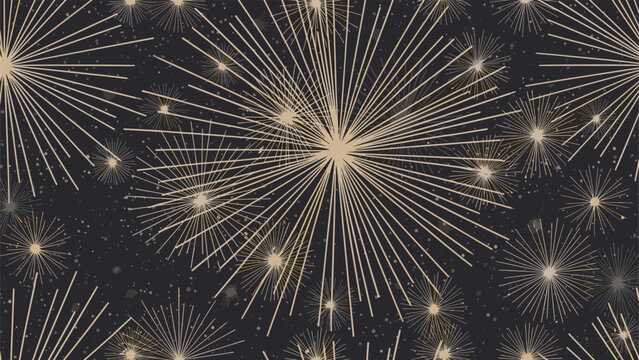 Seamless pattern featuring golden starburst shapes resembling dandelions or fireworks on a dark charcoal gray background.