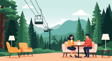 Naklejka premium A couple and dog enjoy drinks at a mountain cafe with ski lifts overhead