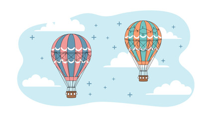 Naklejka premium Two colorful hot air balloons with striped patterns floating together in a soft blue sky with fluffy white clouds.