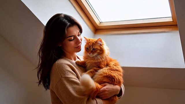Woman holding orange cat by window